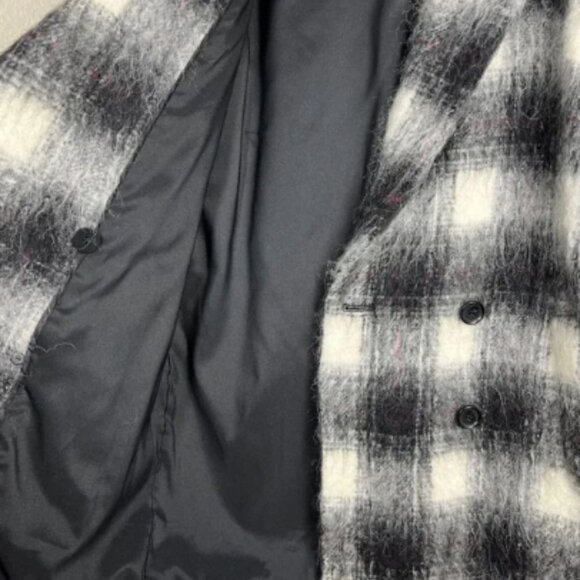 Theory Shaggy Pea Coat Cafe Lithe Wool Blend Black/White Check - Picture 3 of 5